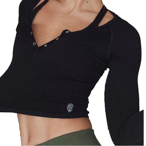 FP Movement Bail Out Long Sleeve Henley Layer Top Cutout Back NWT Black Size M/L